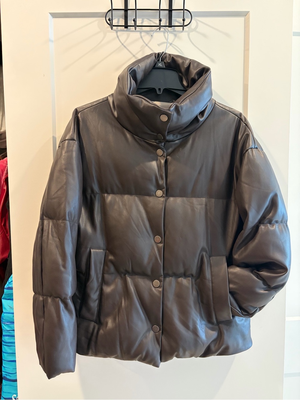 GUESS Dark Brown Leather-Look Puffer Jacket with High Collar